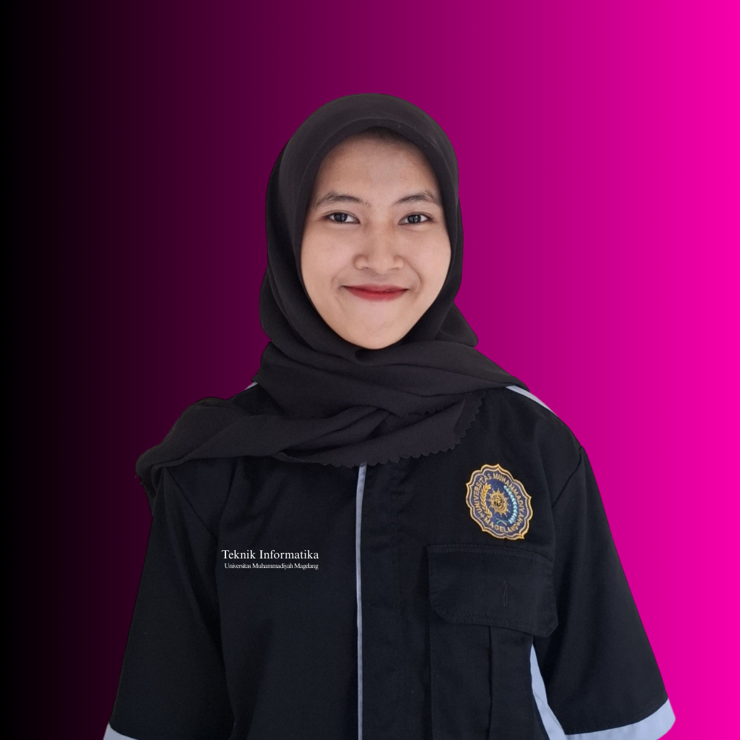 Mahasiswi Teknik Informatika UNIMMA wanita memakai hijab merah muda sedang duduk di lab komputer